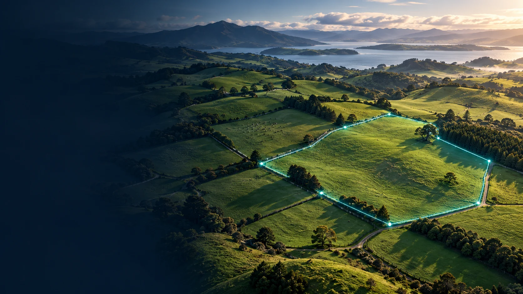 Illustration of a paddock boundary highlighted in cyan on an aerial farm landscape.
