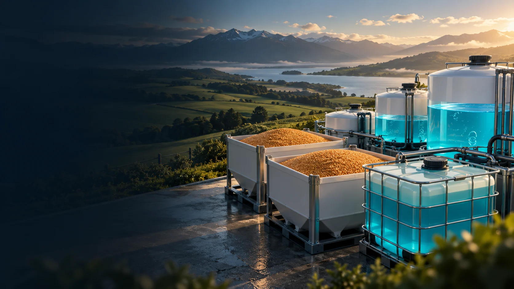 Concept illustration of neatly arranged vessels with turquoise liquid and amber granules.