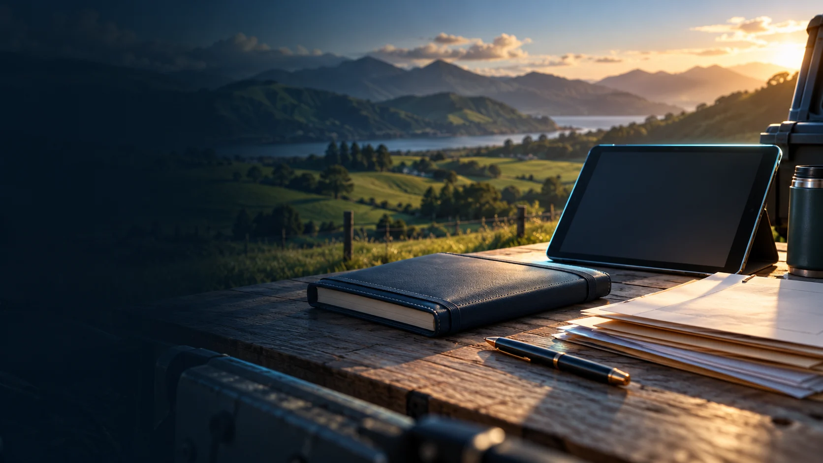 Illustration of a flight logbook, job records and a tablet overlooking farmland.
